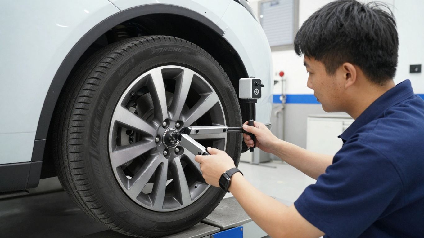 Technician measuring wheel alignment on Land Rover