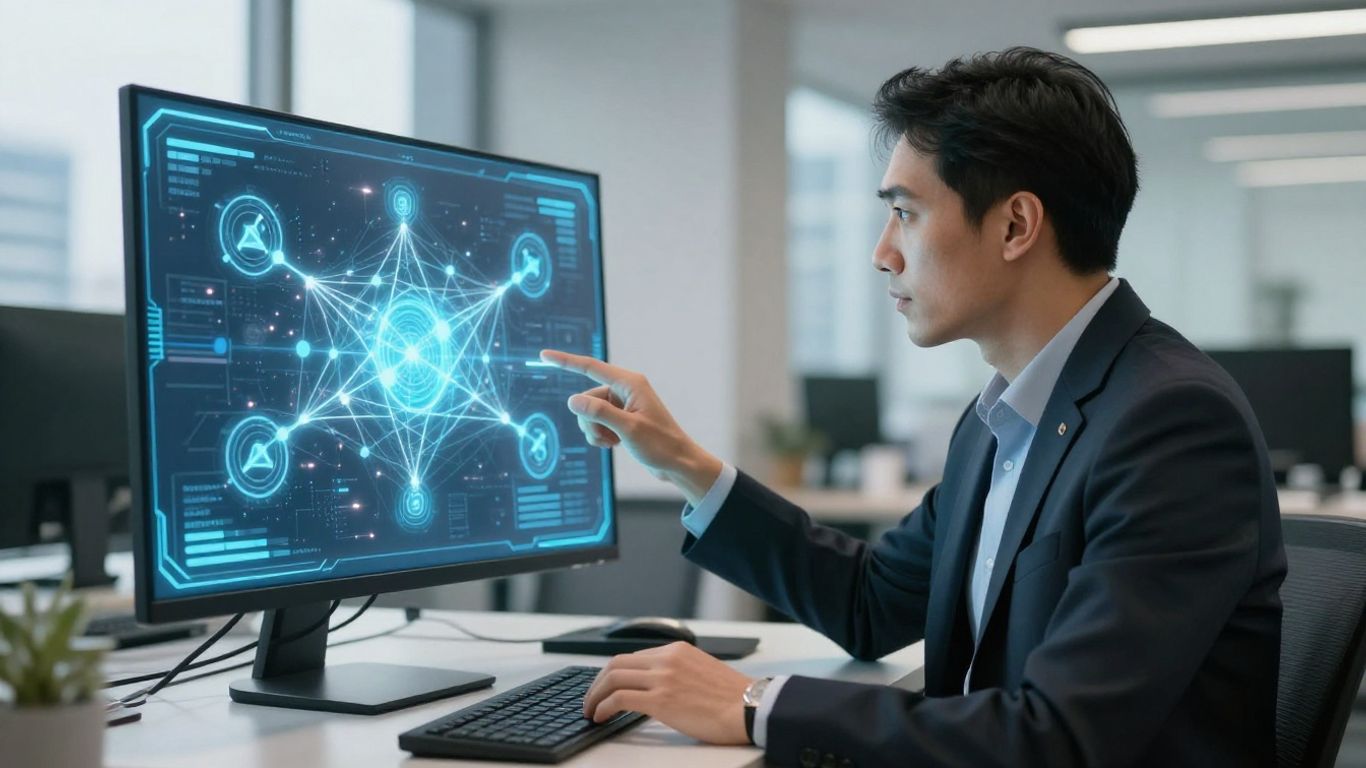 AI consultant working with futuristic data visualizations.