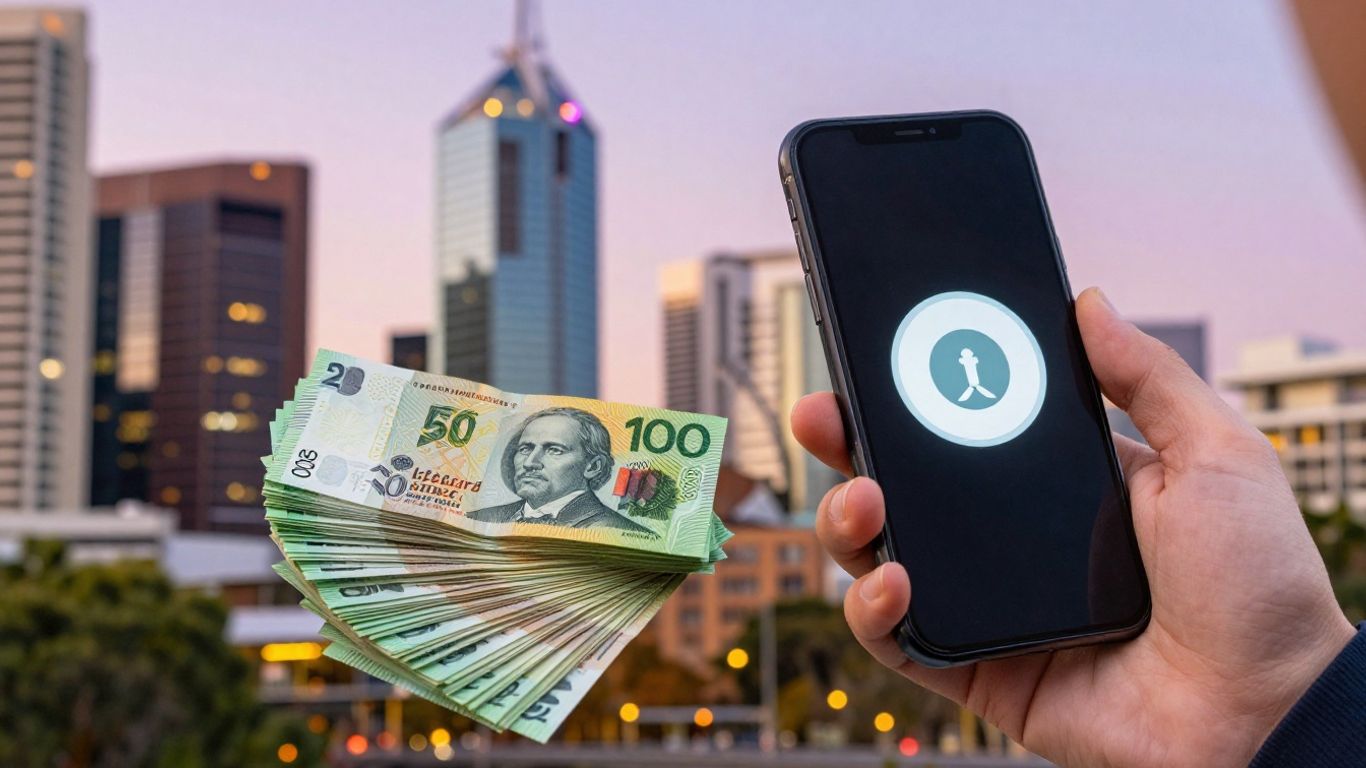 Australian cityscape with person earning money on phone.