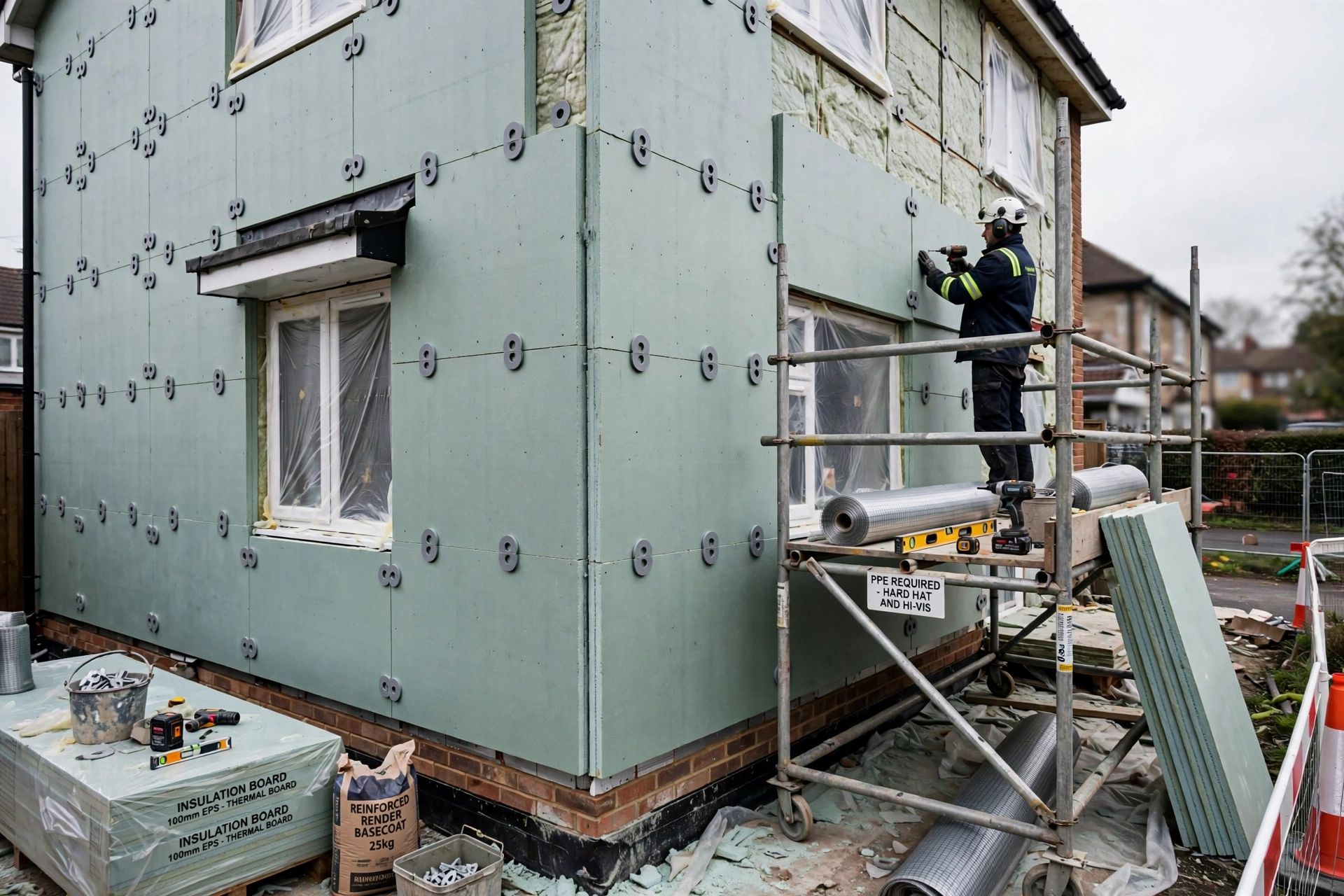 Insulation boards being fixed to the outside of a house before the reinforced render finish is applied
