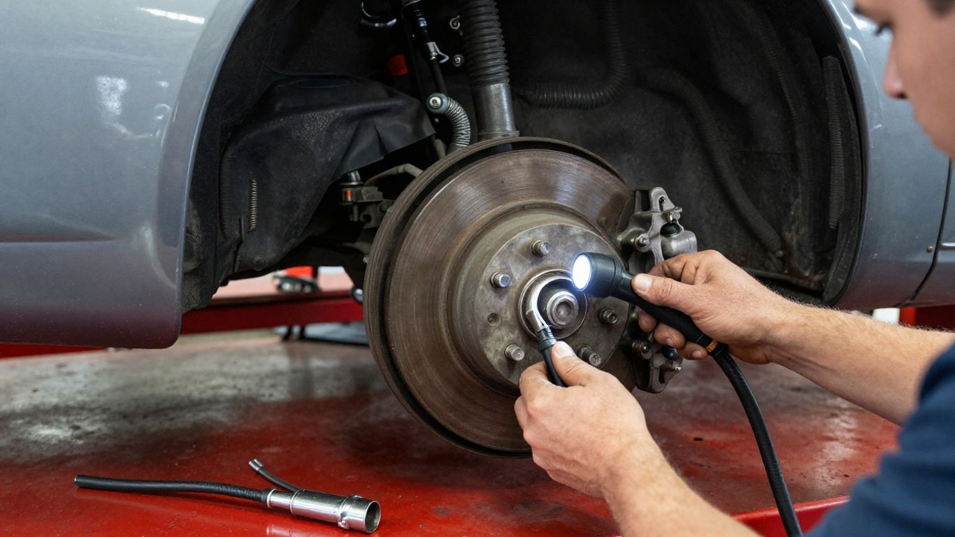 MG brake system inspection beside workshop tools