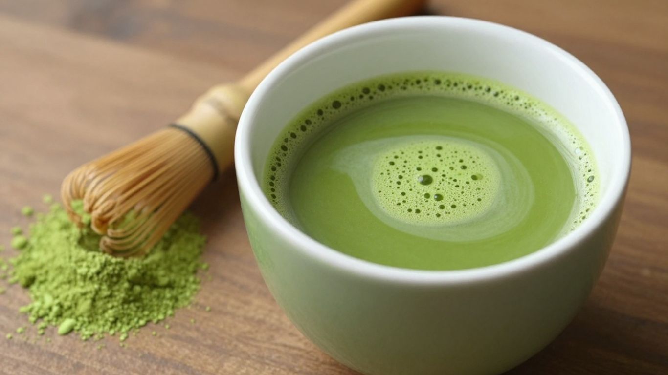 Cup of matcha tea with powder and bamboo whisk