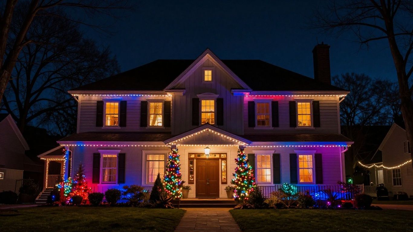 House decorated with colorful Christmas lights at night.