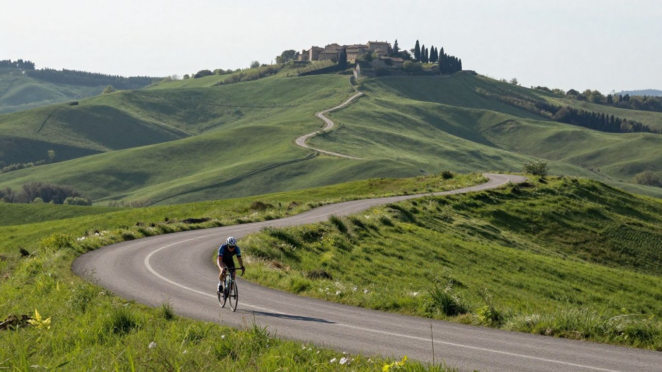 Road cyclist climbing above a green Marche valley