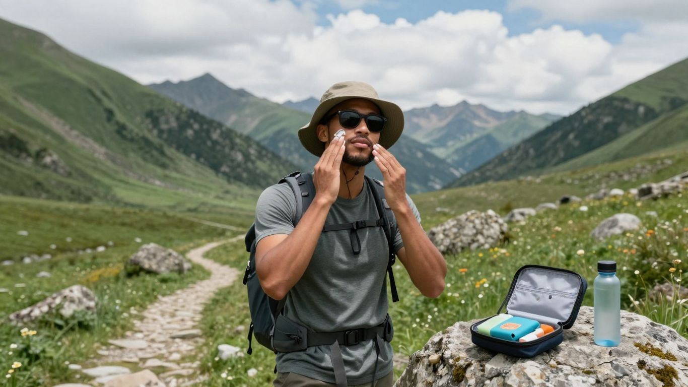 Wanderer mit Sonnenhut, Sonnencreme und Hygieneartikel in den Bergen.