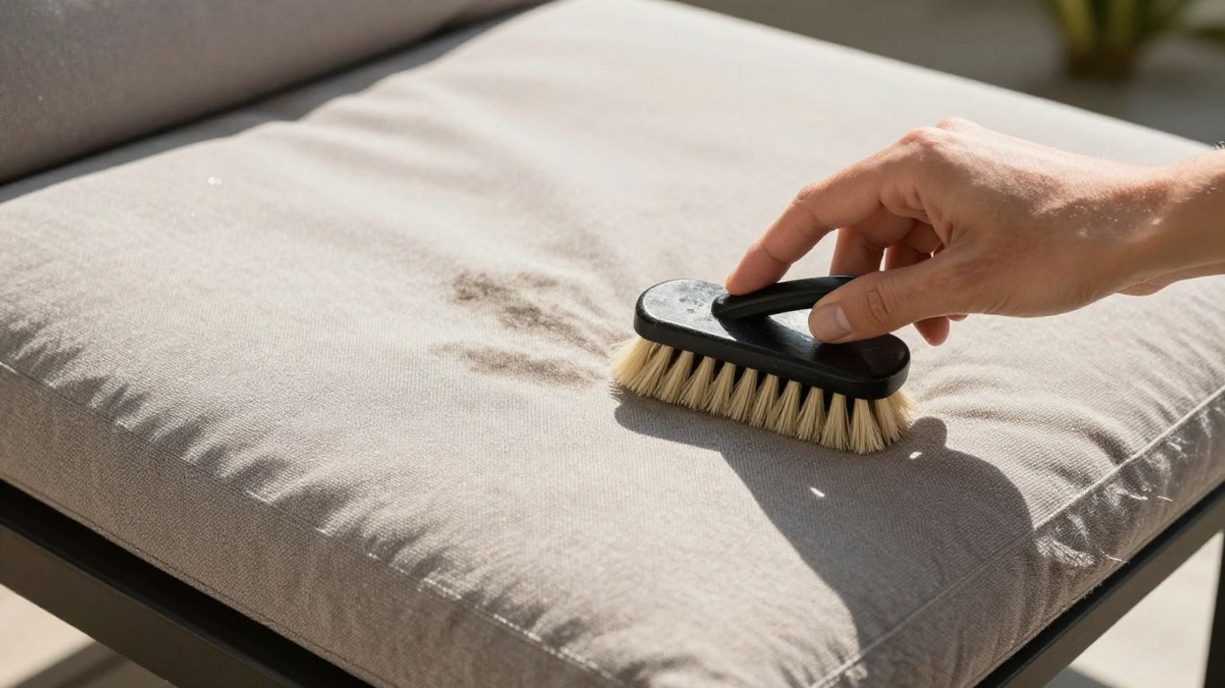 Cleaning outdoor patio cushion with a brush