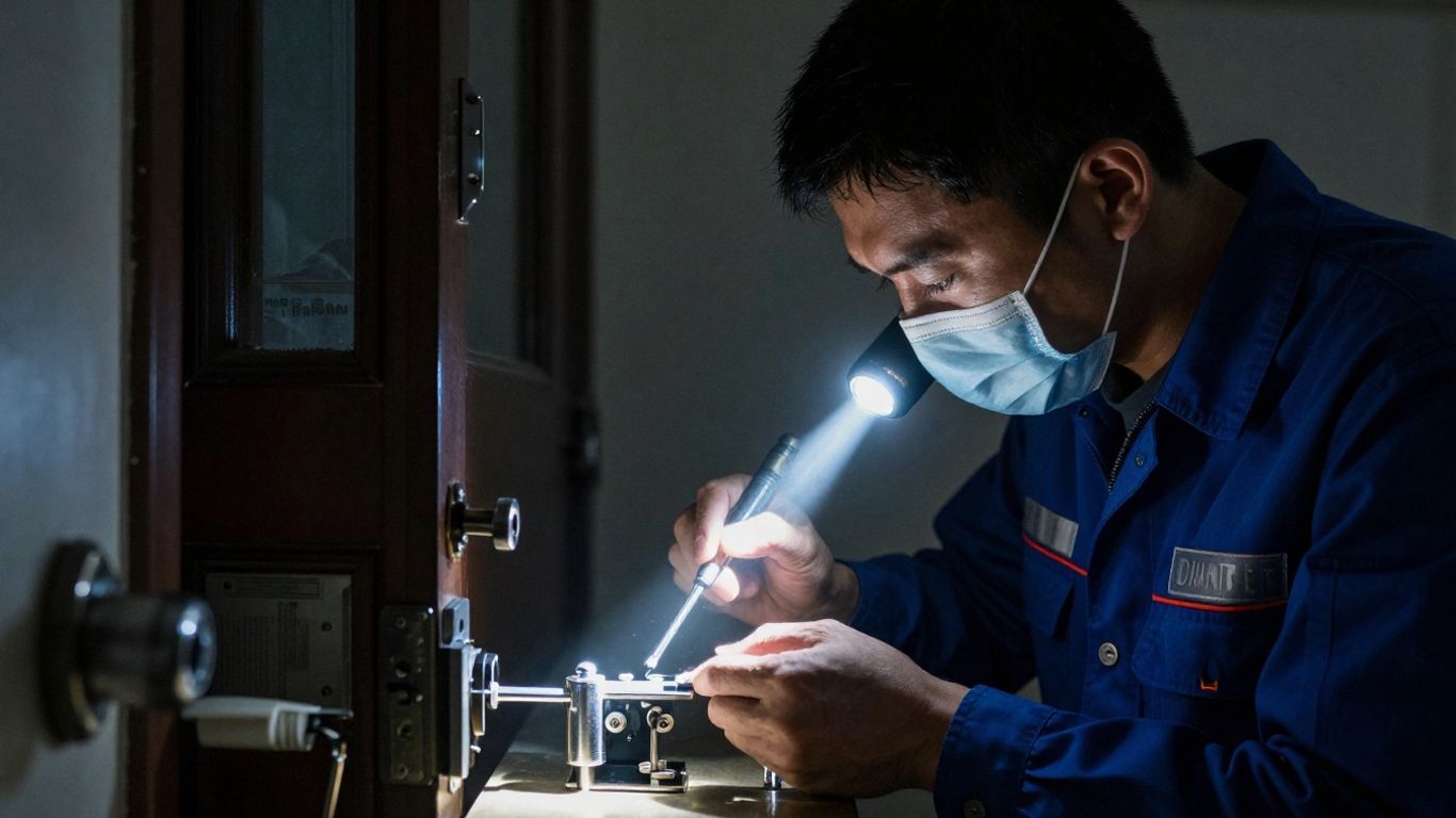 Locksmith working on a door lock at night.