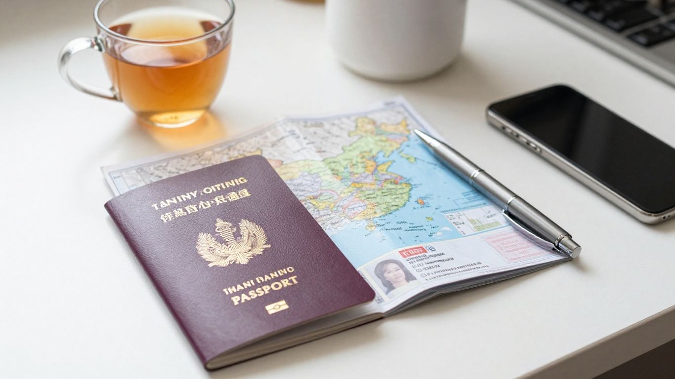 A traveler reviewing China maps and documents