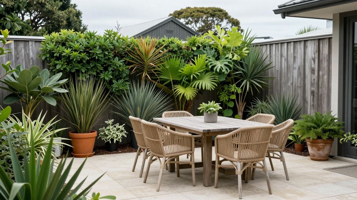 Timber and woven furniture on a leafy Auckland patio
