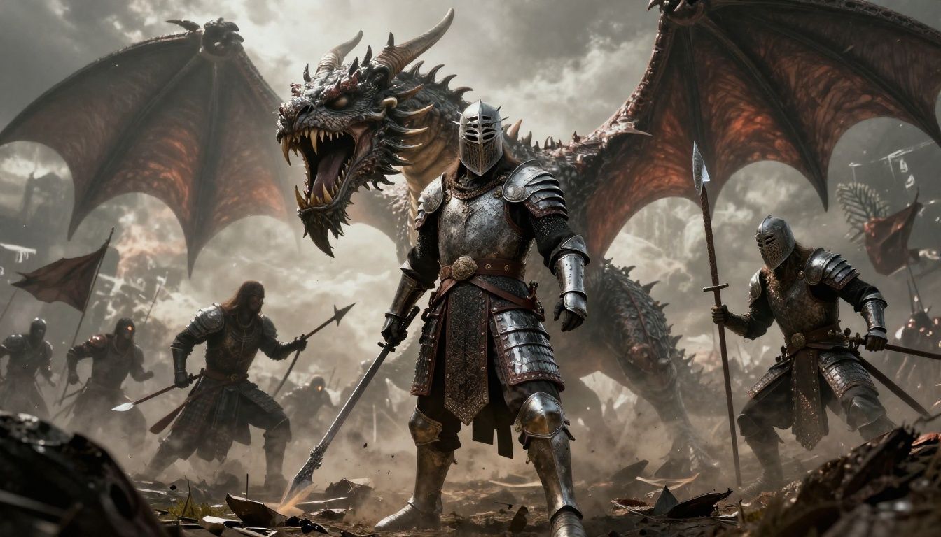 Um cavaleiro poderoso em armadura brilhante enfrentando um dragão colossal em um campo de batalha mítico sob um céu tempestuoso