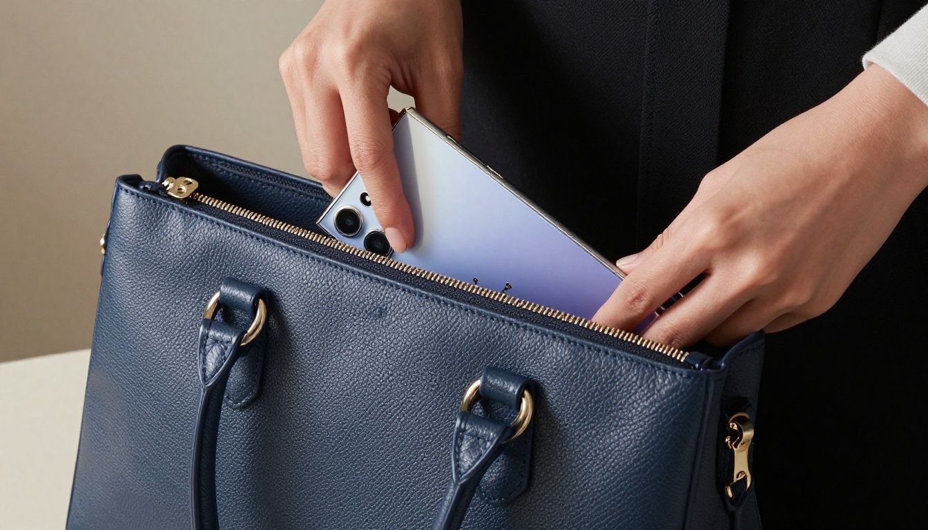 A person carefully placing their pristine Samsung Galaxy S26 into a stylish leather handbag before heading out.