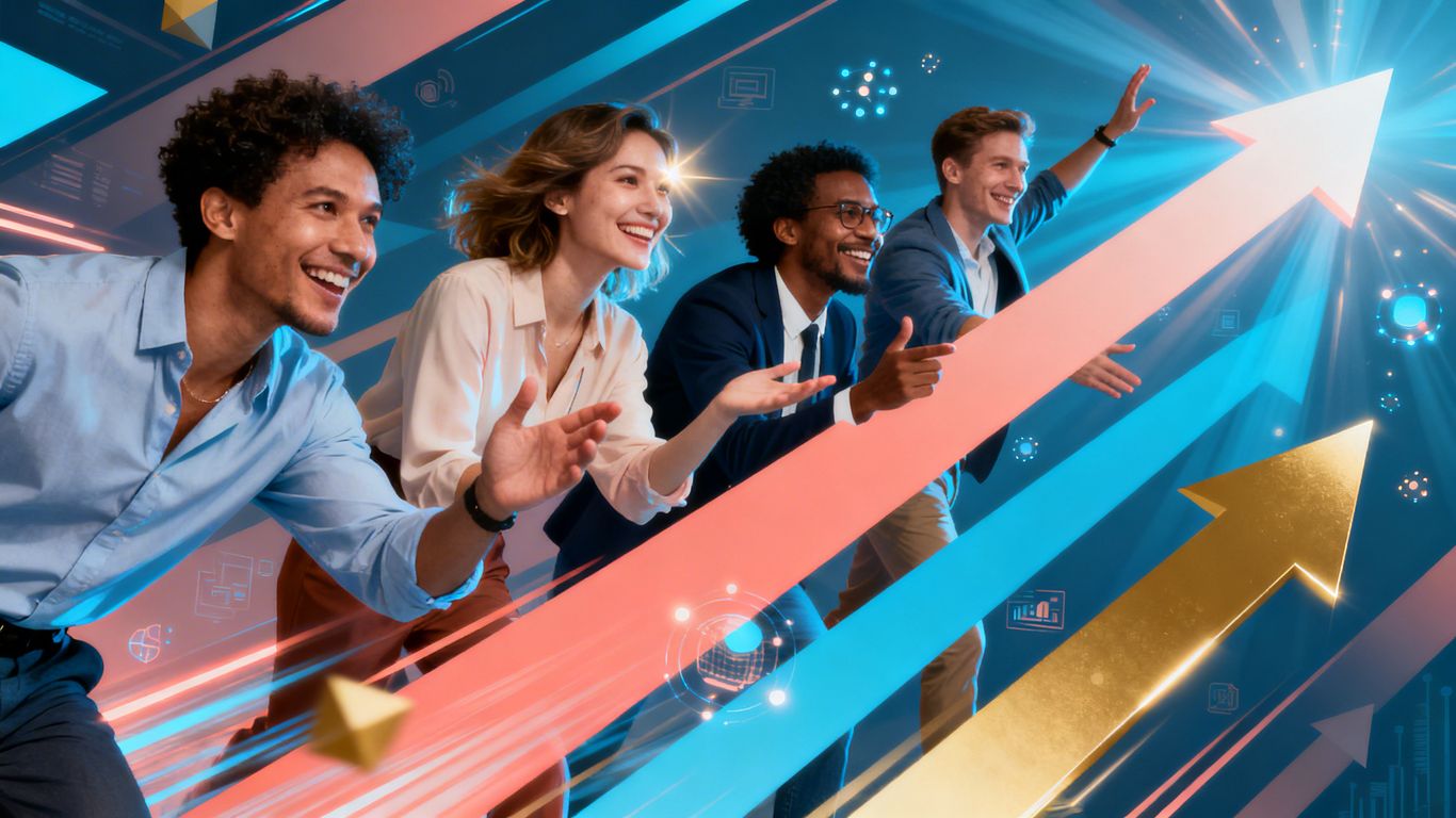 Entrepreneurs in dynamic poses with abstract growth elements.