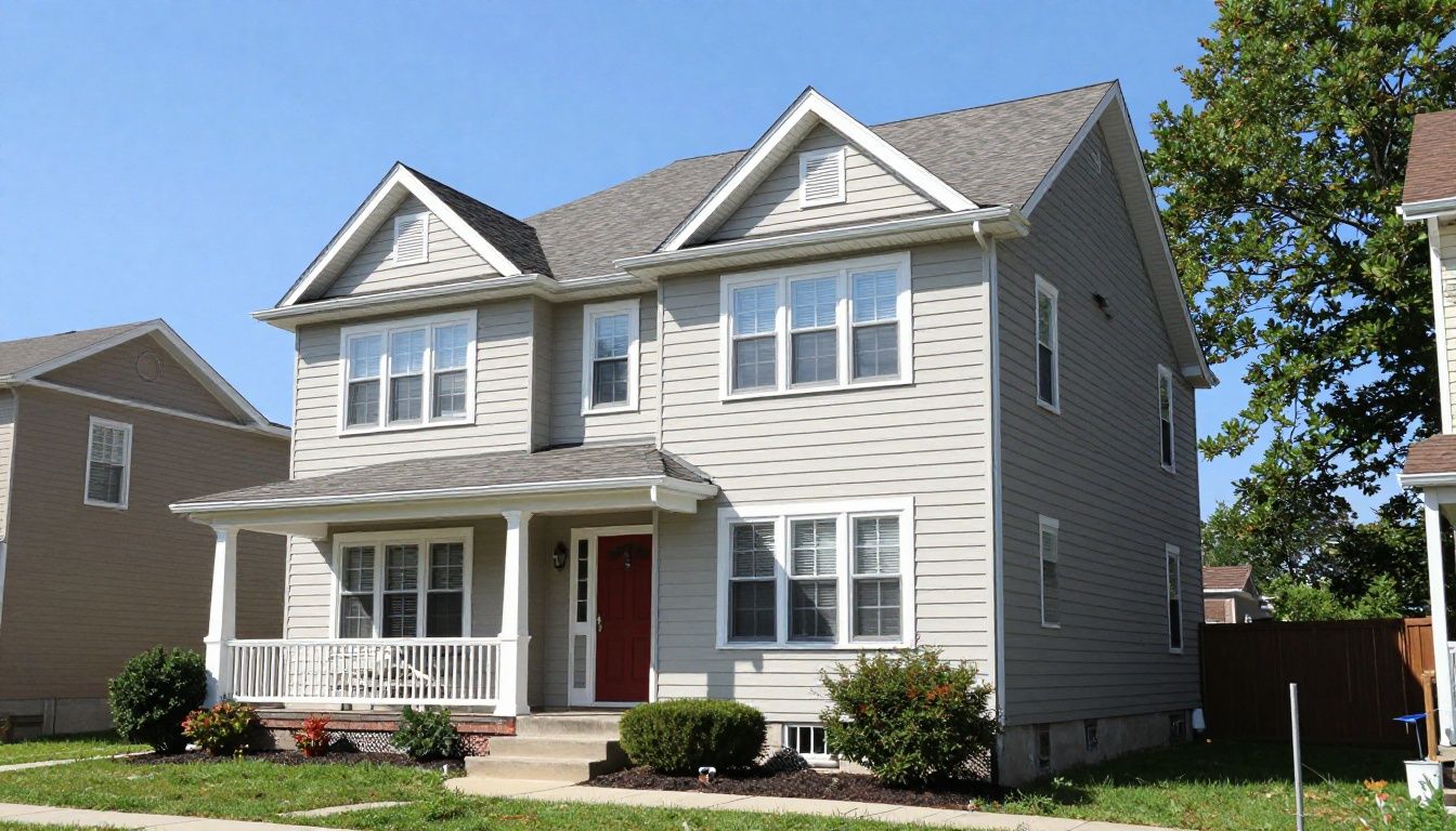 A residential home in the Chicago suburbs with well-maintained stucco siding on a sunny day