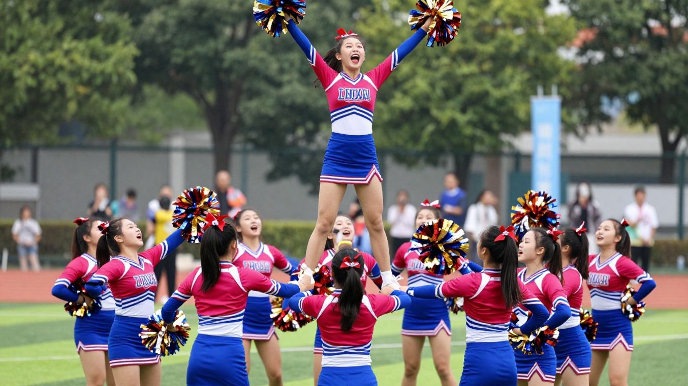 UNSW cheerleaders performing a high-energy routine in colourful uniforms.
