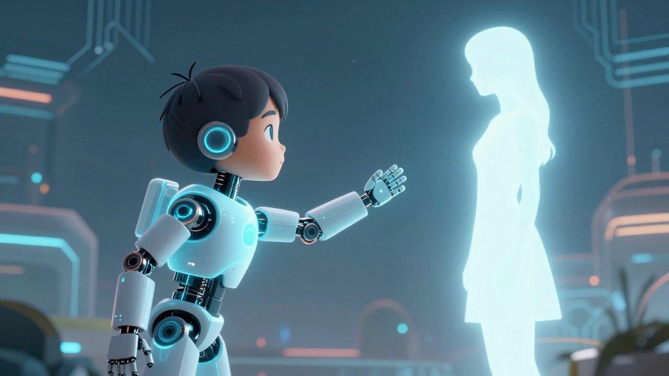 Robotic child reaching for human silhouette, futuristic digital landscape.