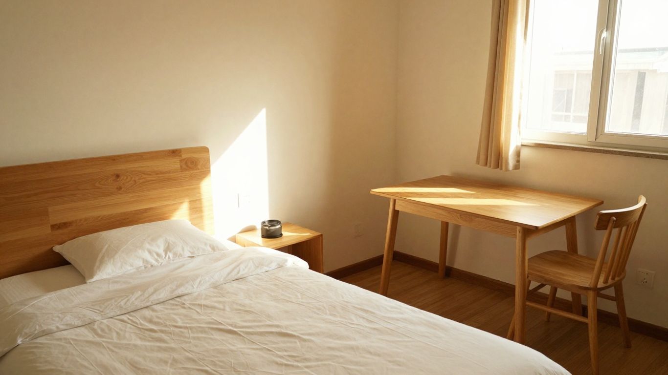 Budget Airbnb interior with natural light and simple furnishings.