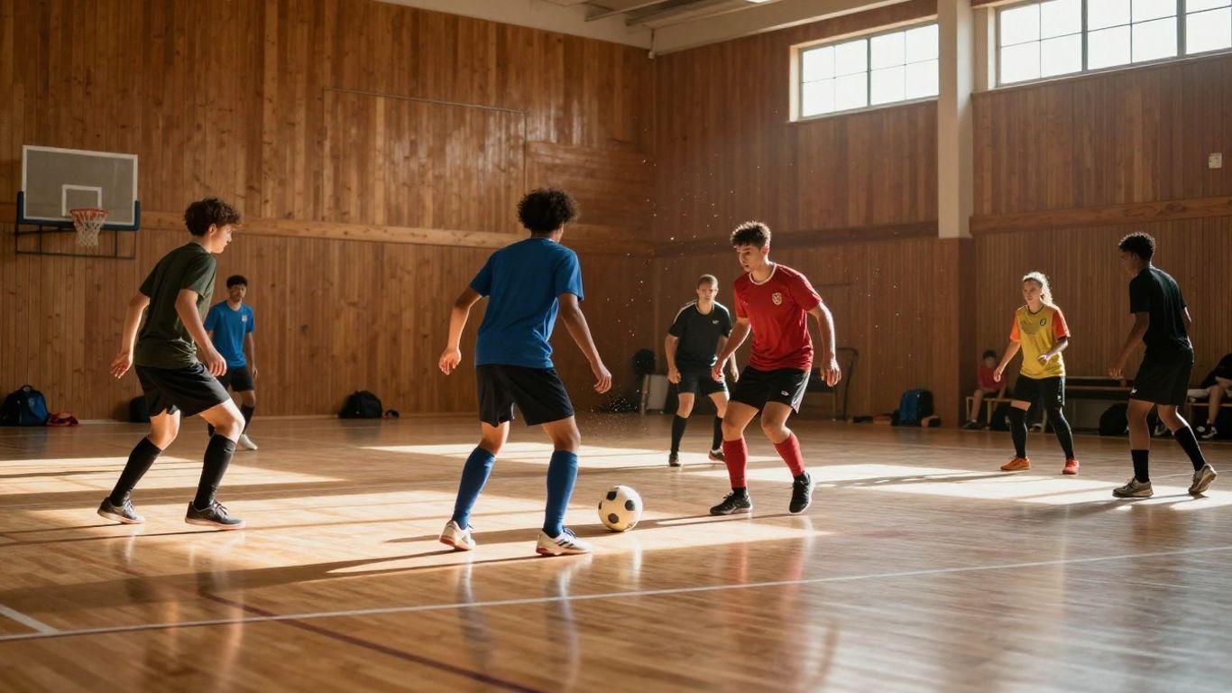 Wooden floor sports hall with people playing five-a-side football.