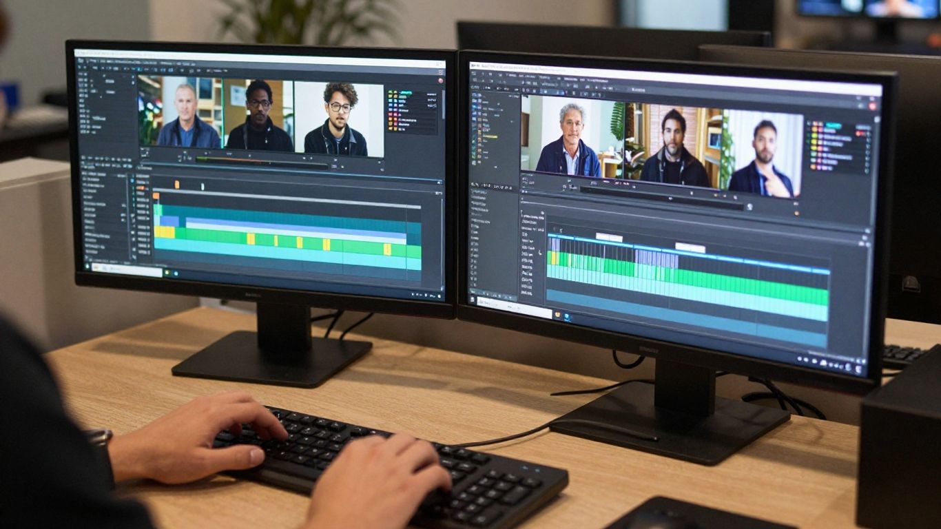 Editor meticulously assembling long-form and short-form video assets