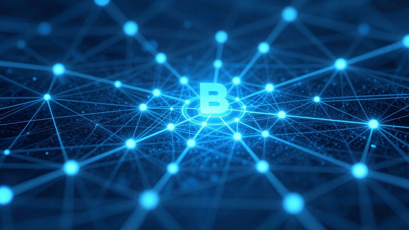 Digital blockchain network with glowing nodes and a unique address marker.