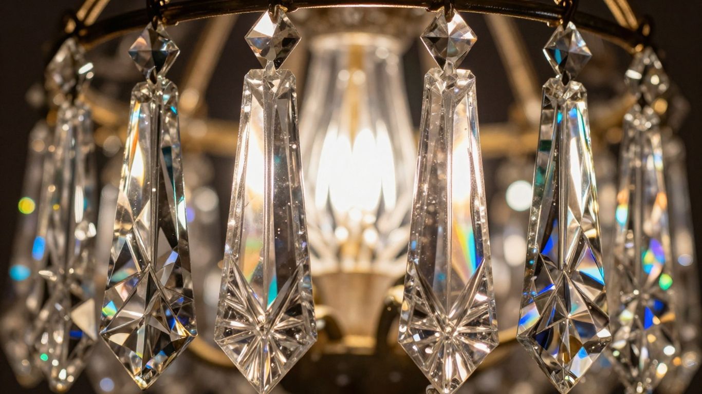 Vintage chandelier crystals sparkling with light.