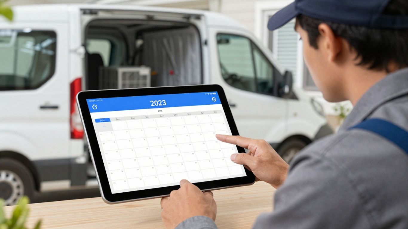 HVAC technician managing schedule on a tablet.