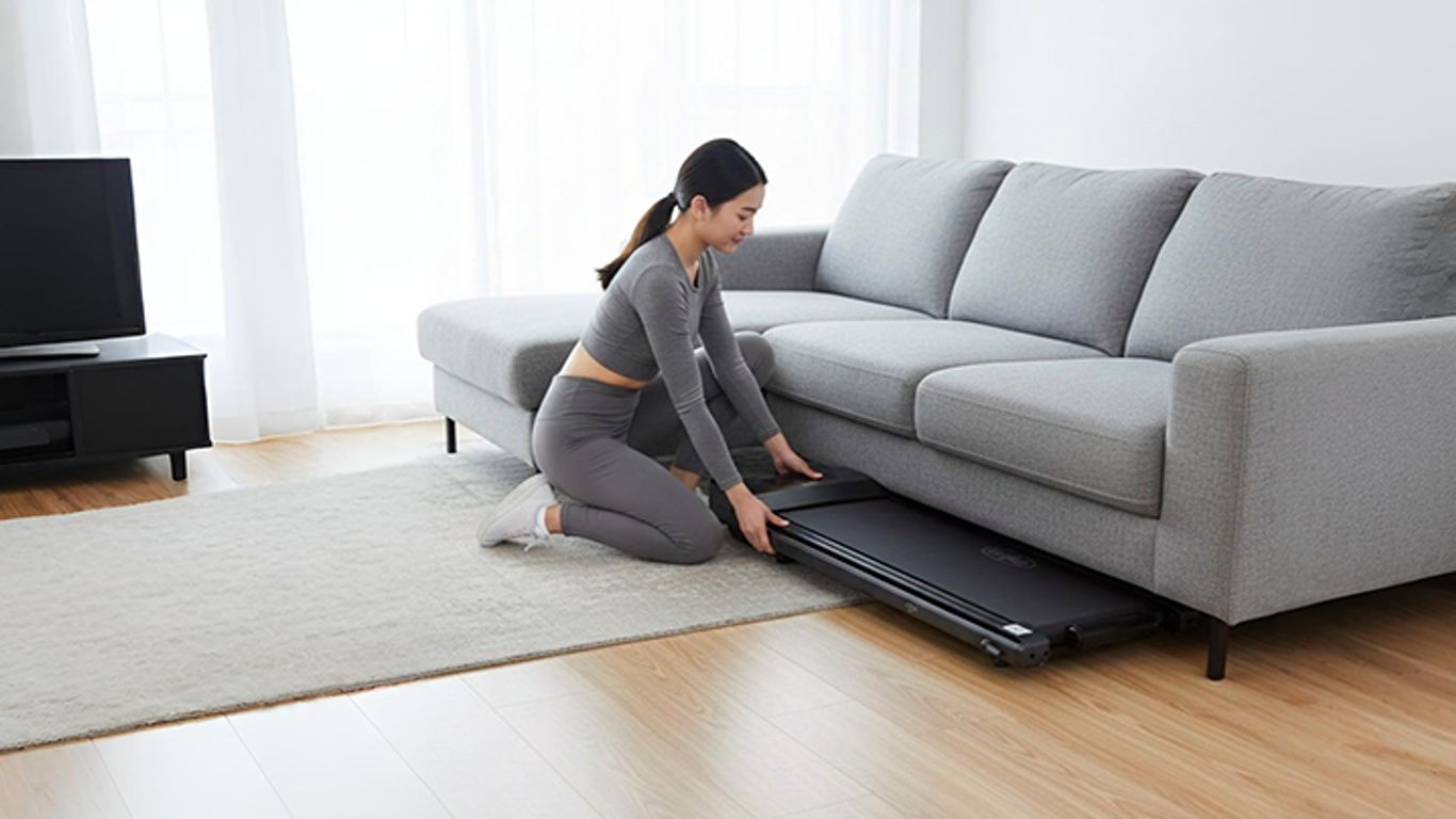 Person storing a treadmill under a sofa in a living room.