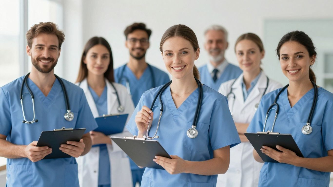 Medical assistants in scrubs with stethoscopes and clipboards.