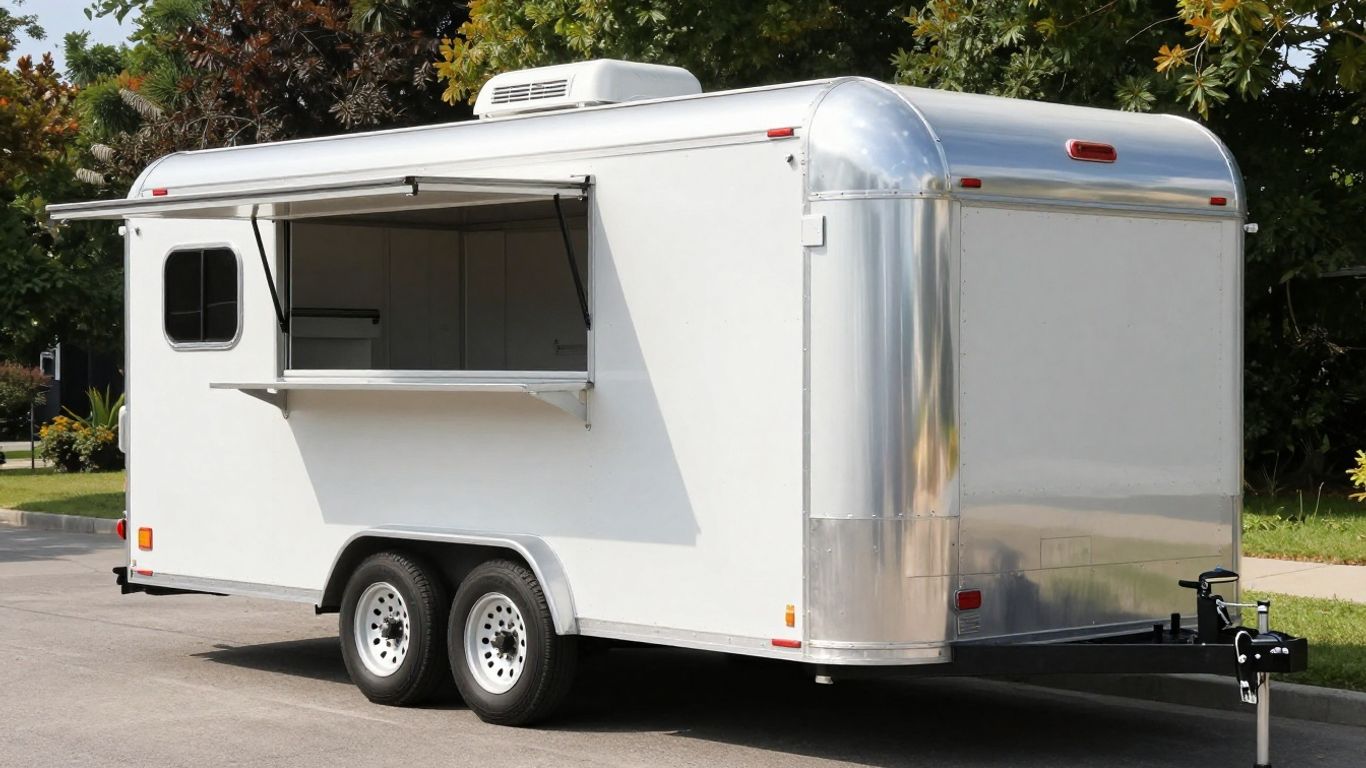 Shiny second-hand catering trailer ready for sale.