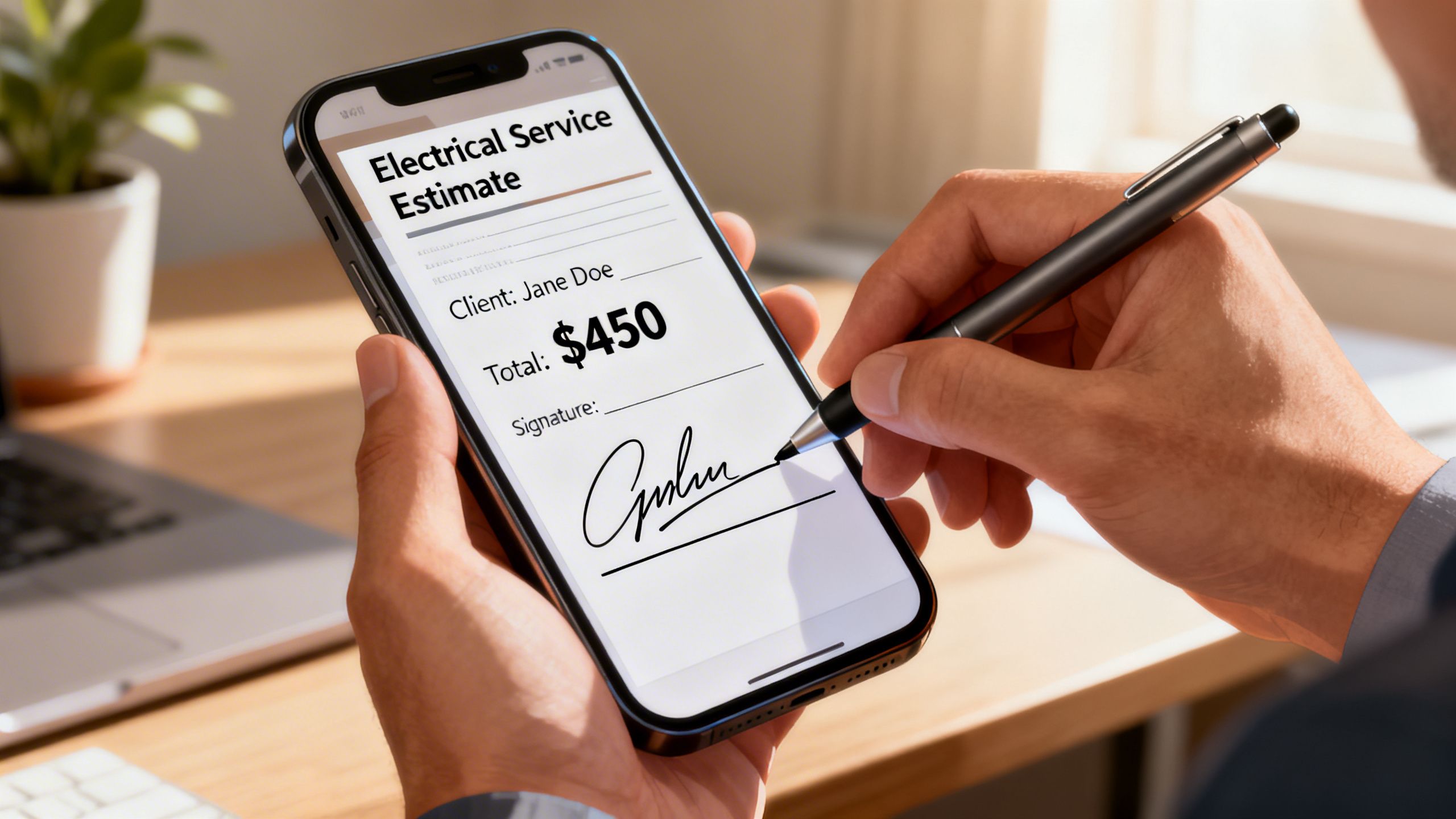 A client digitally signing an estimate from an electrician on a smartphone