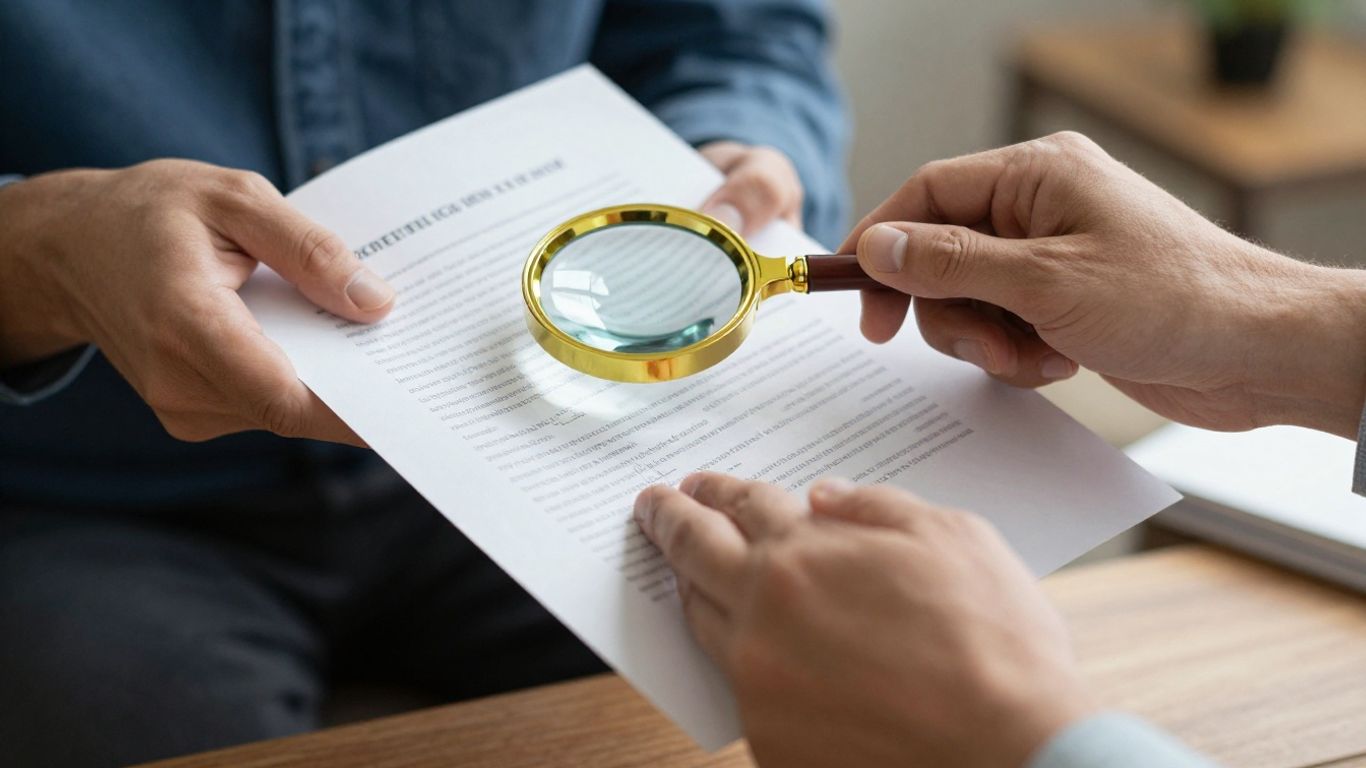 Persona examinando un documento y una mano ofreciendo un apretón.