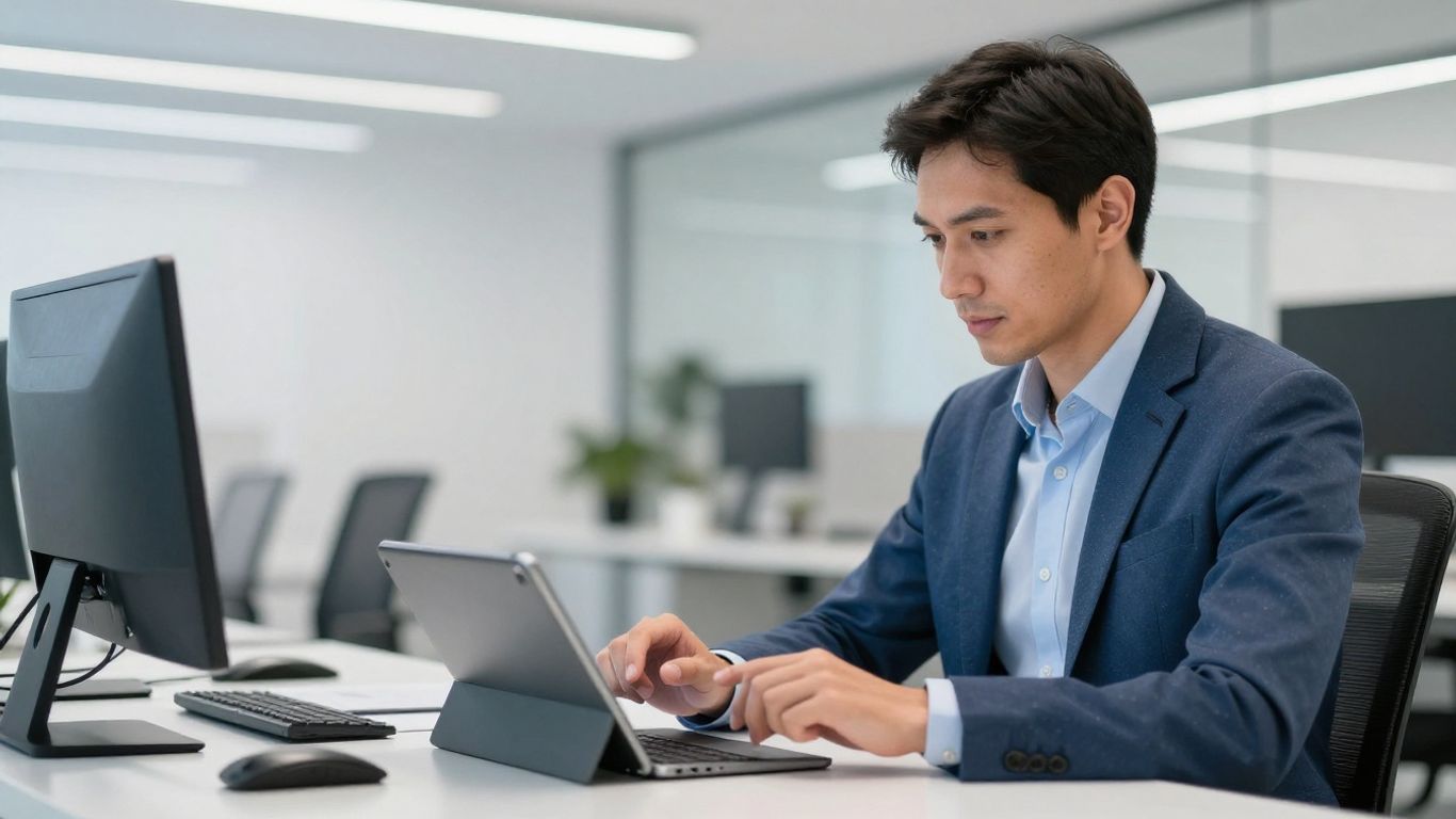 Mann im Büro mit digitalem Tablet