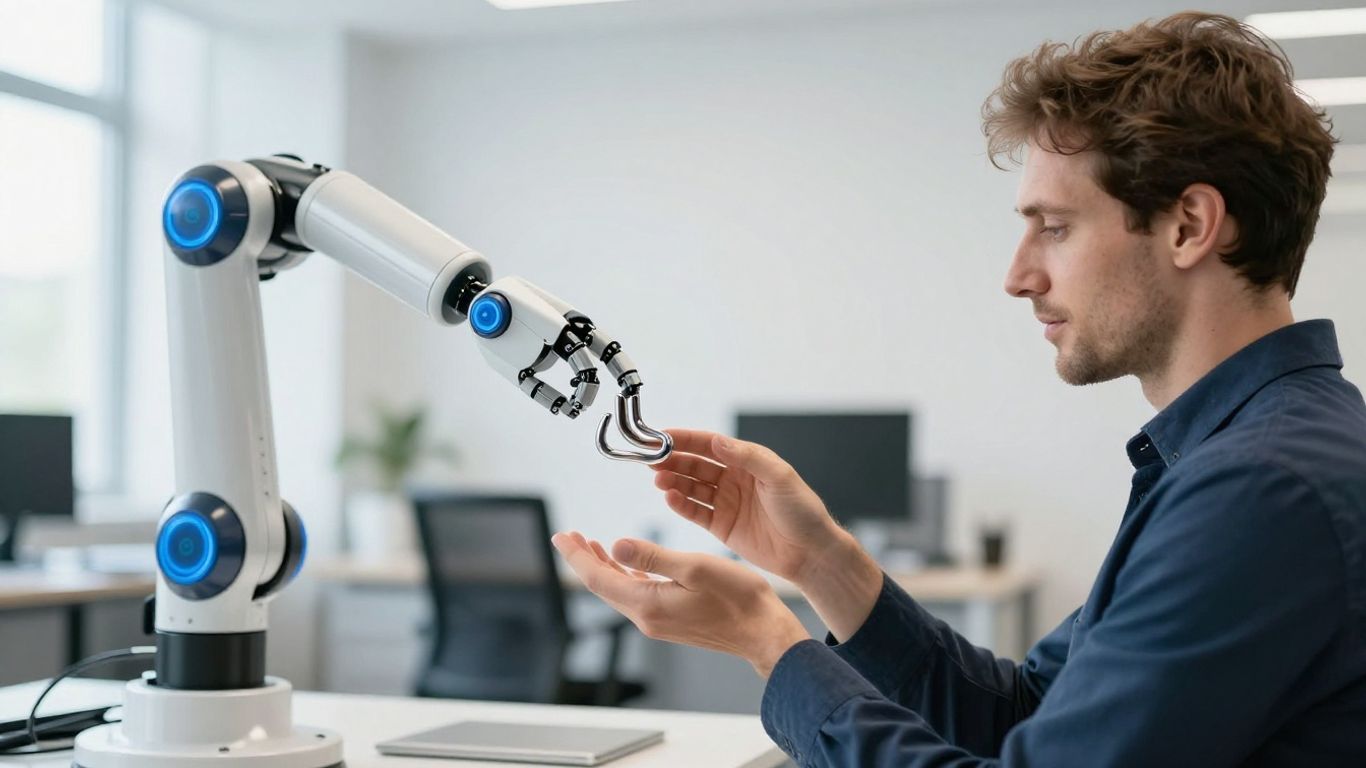 Roboterarm und Mensch im Büro