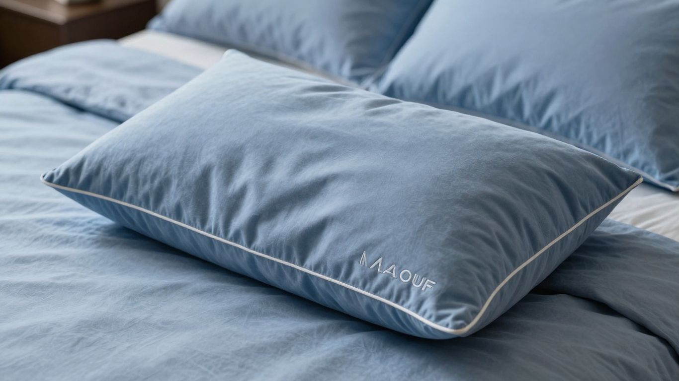 Malouf pillow on a bed with cool blue accents.