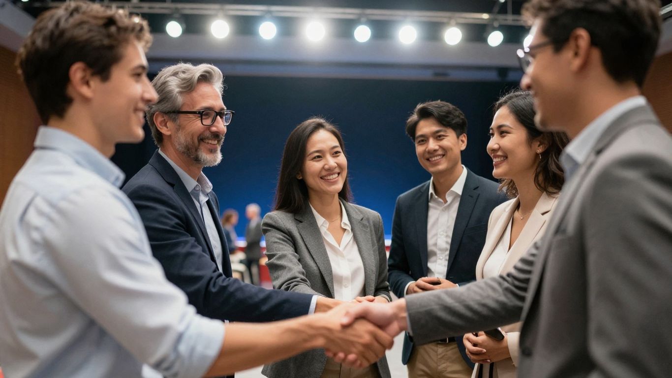 Grupo de personas conversando en evento internacional corporativo