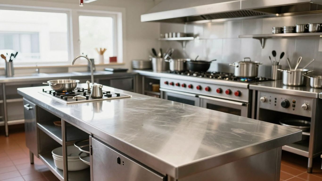 Cuisine professionnelle impeccable à Carnoux, lumineuse et ordonnée.