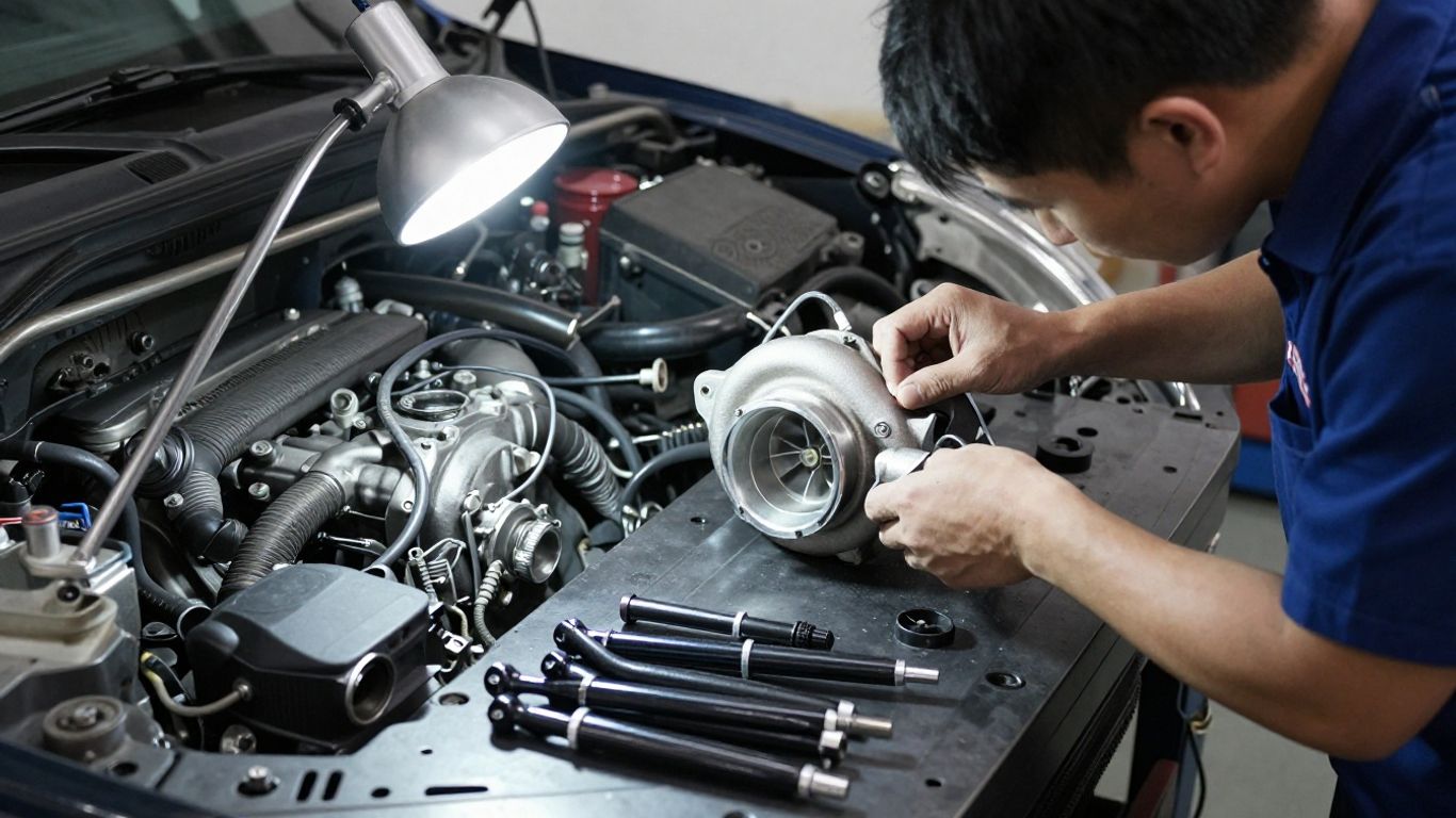 Mechanic examining turbocharger beside a Haval engine