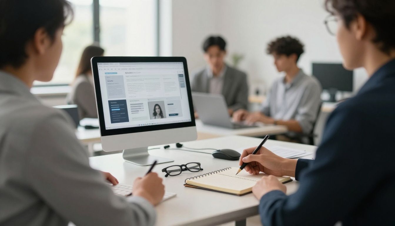A professional environment representing clarity and progress, featuring a desk with a notebook and minimalist tools, bathed in soft, natural morning light suggesting purpose and focus, with diverse representation.