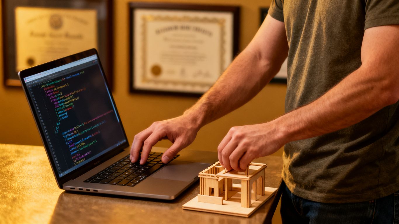 Person actively demonstrating a skill, certificates blurred in background.