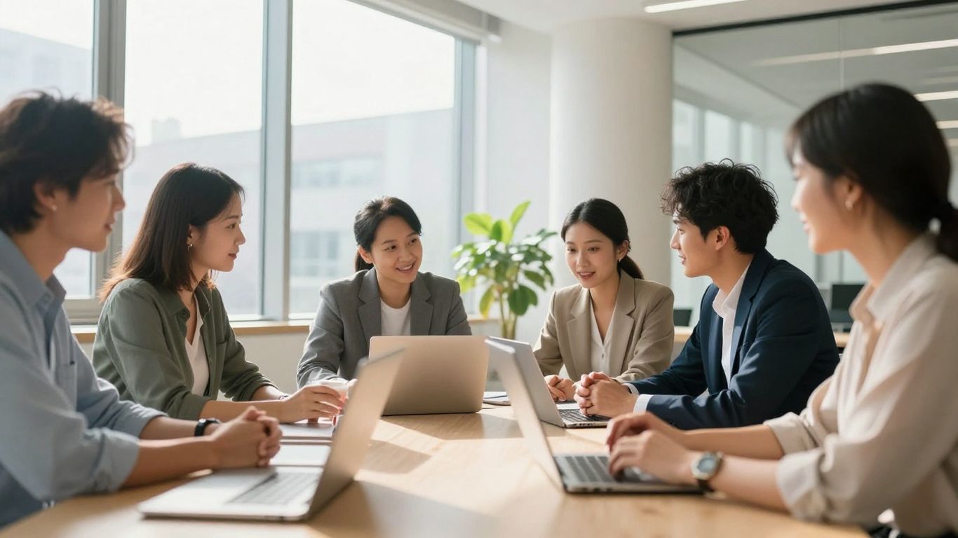 Team collaborating in a bright, modern office space.