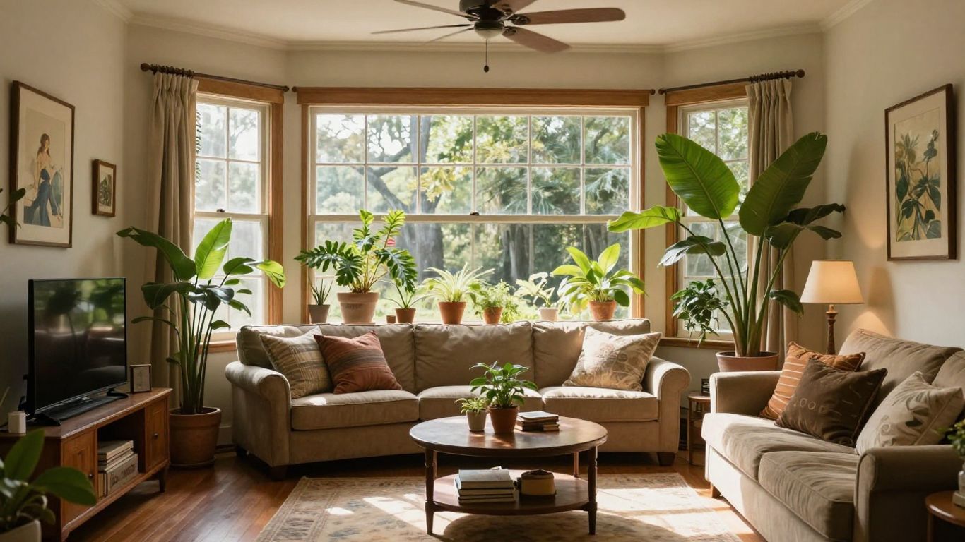 Cozy Airbnb interior in Savannah with sunlight and art.