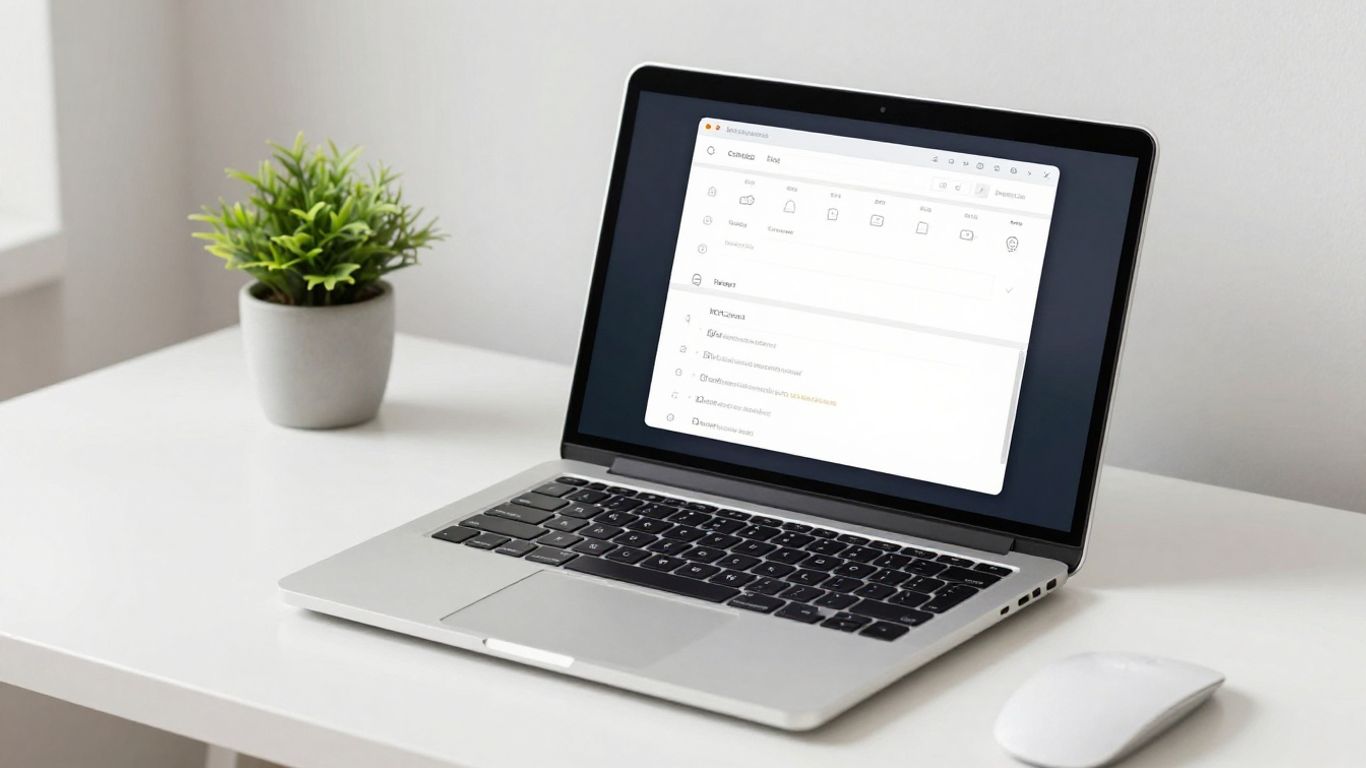 Minimalist desk with productivity app icons on laptop screen.