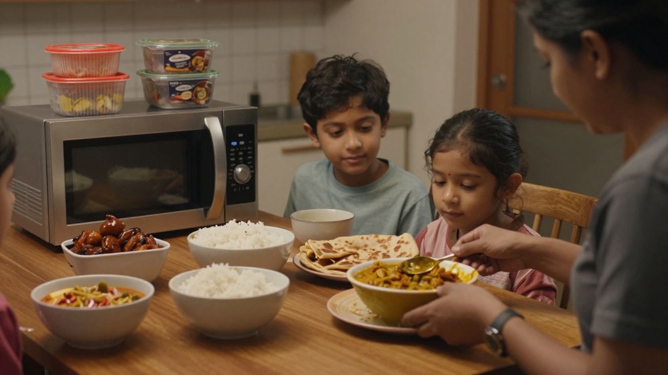 Indian meals being reheated beside a family kitchen table