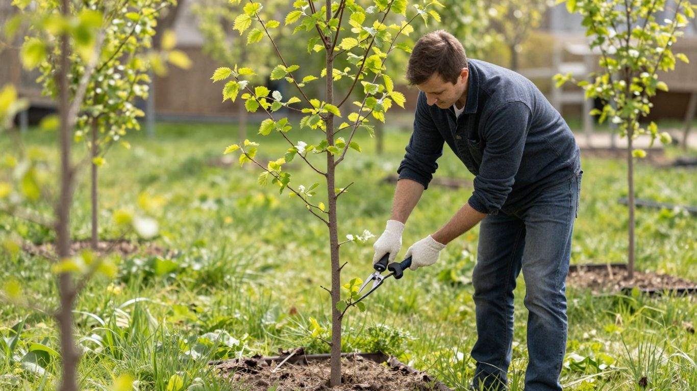 Gardener pruning young tree branches in spring garden