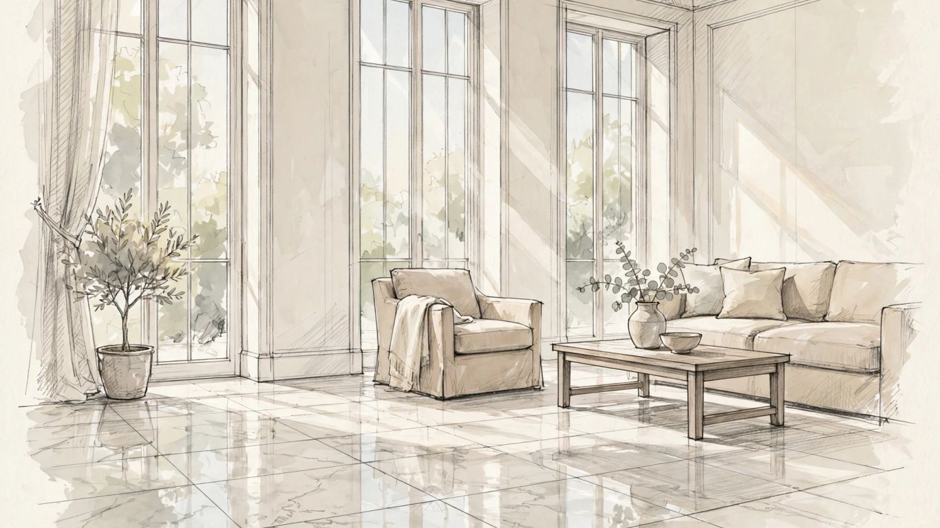 Illustrative sketch of polished marble tile in a bright interior