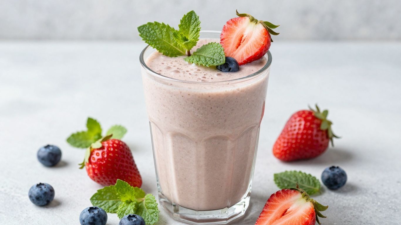 Herbalife shake with fresh fruits and mint garnish.