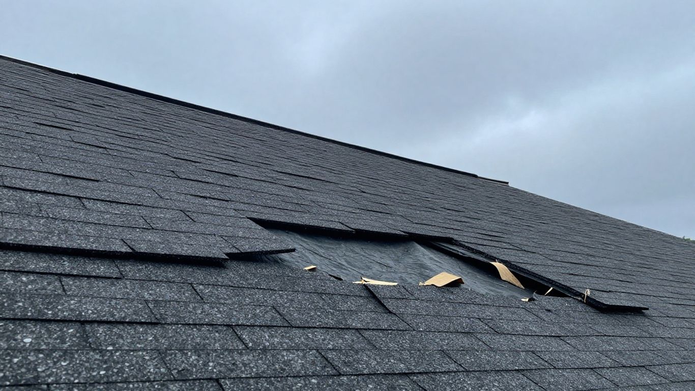 Damaged roof shingles after a storm.