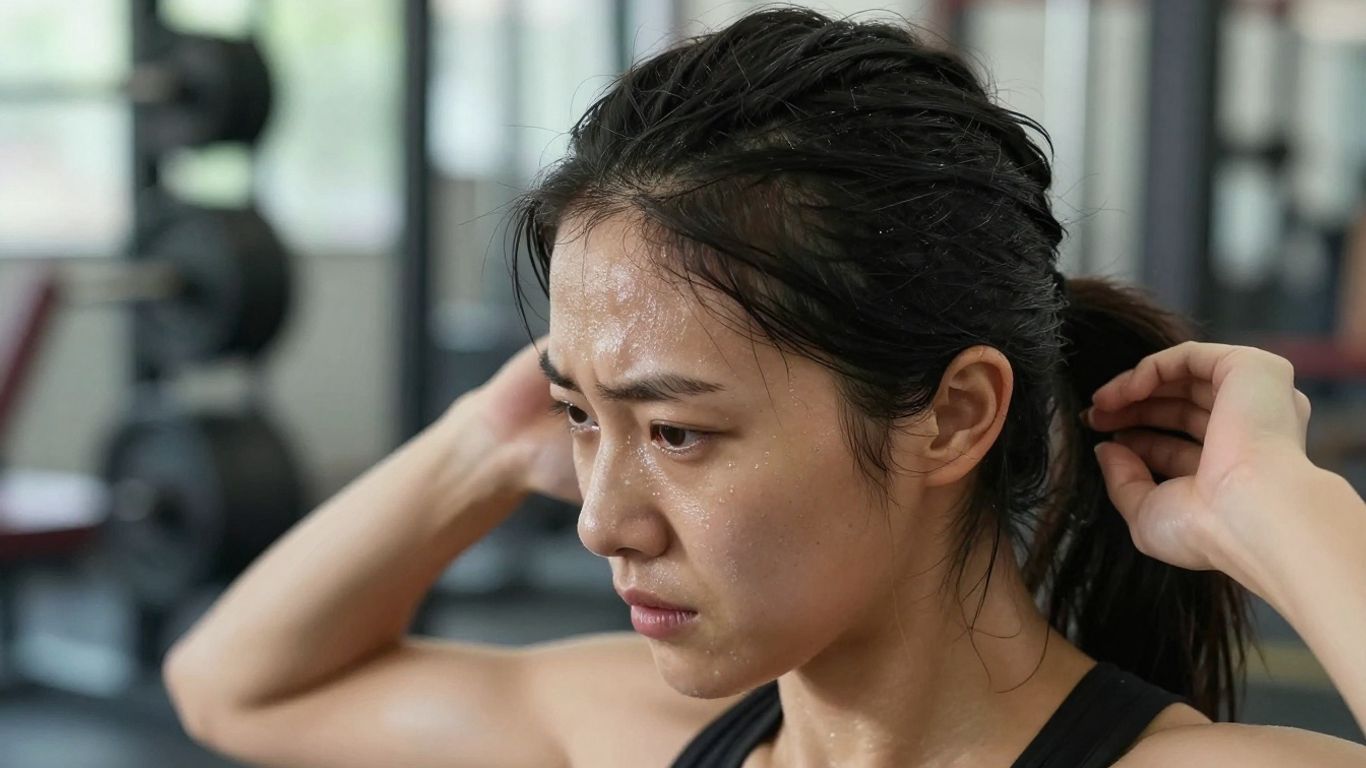 Person exercising, hair pulled back, gym background.