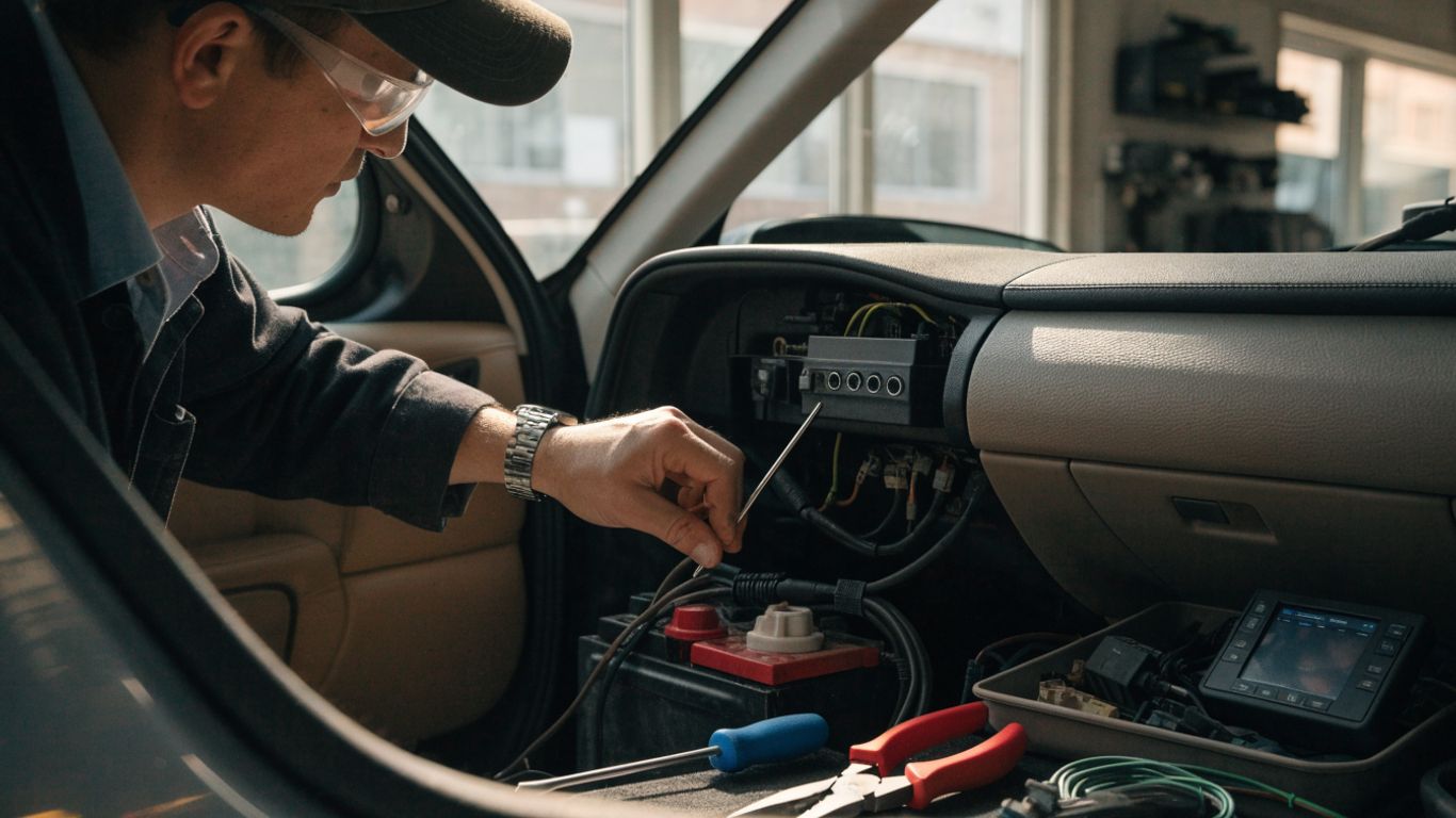 Technician checking a vehicle battery and card reader