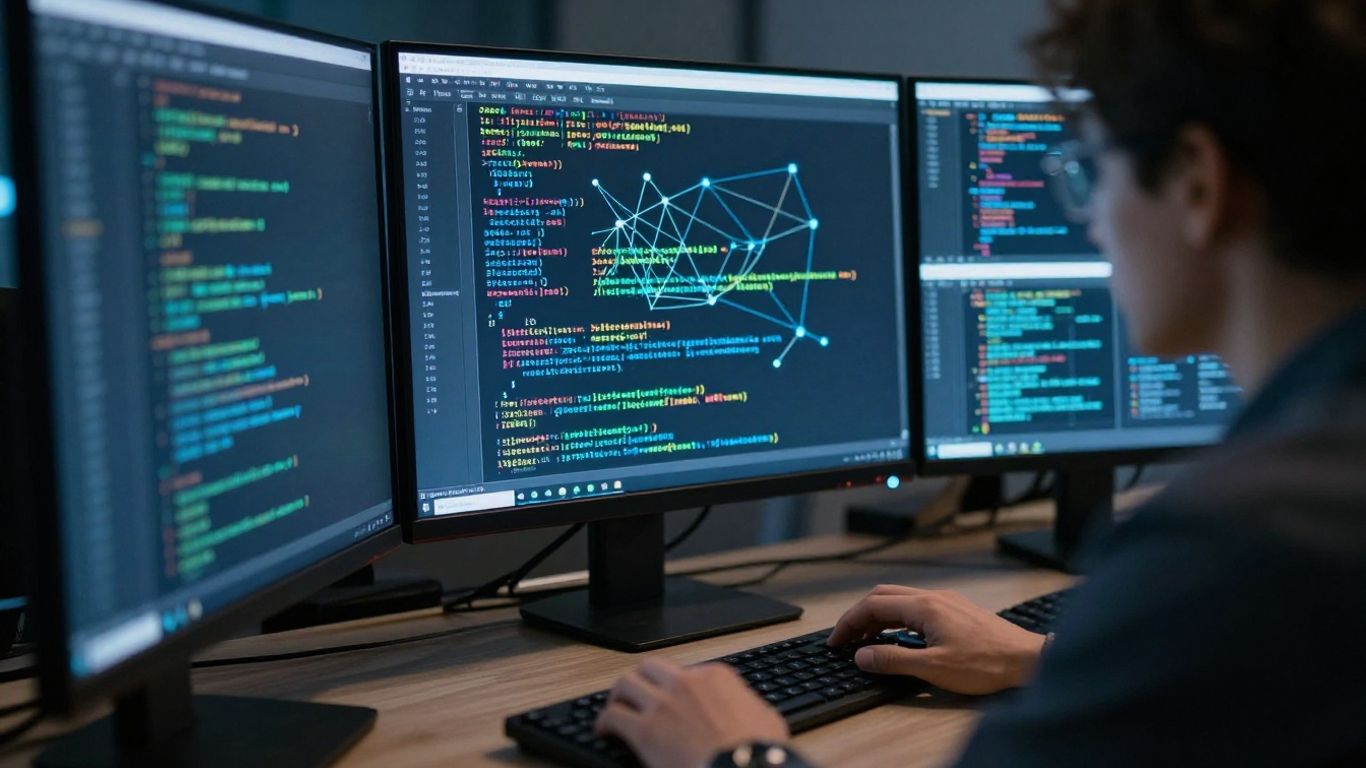 Cybersecurity expert analysing digital threats on screens.