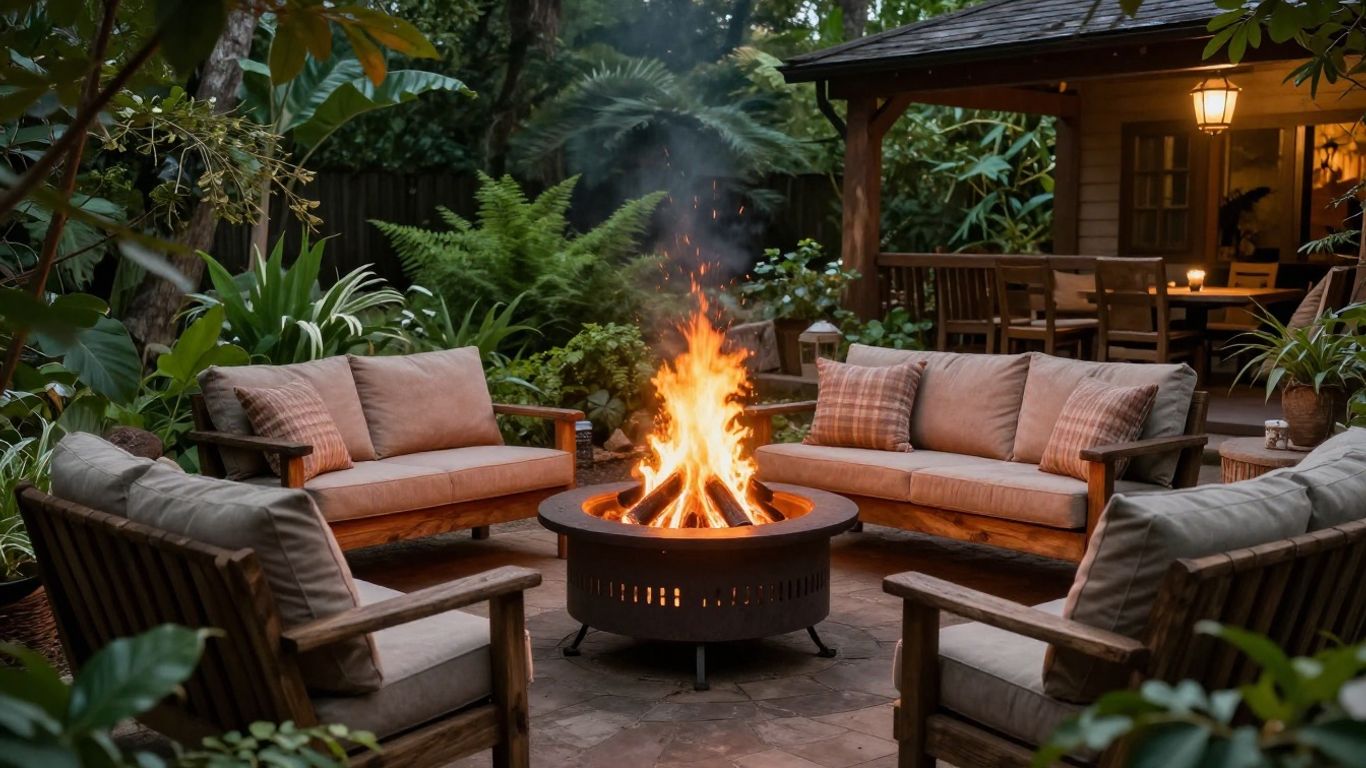 Backyard fire pit area with seating and greenery.